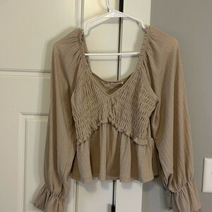 Women's Smocked Peplum Long-Sleeve Top - Beige